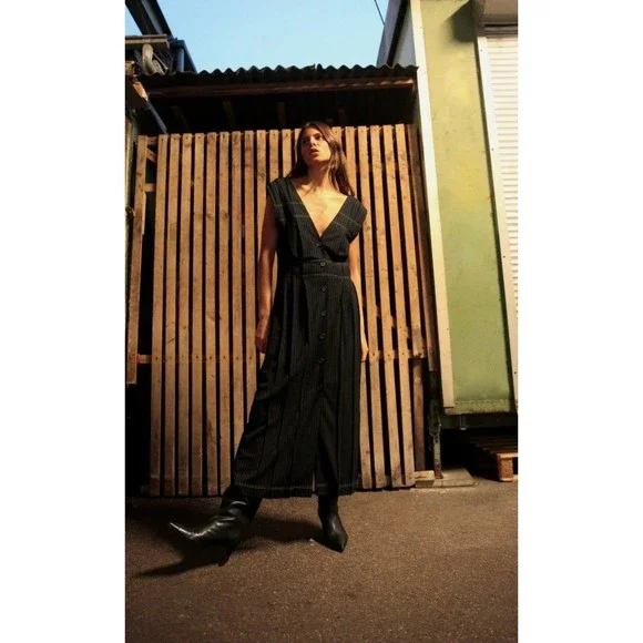 zara striped midi dress BELTED STRIPED MIDI DRESS - Navy / White